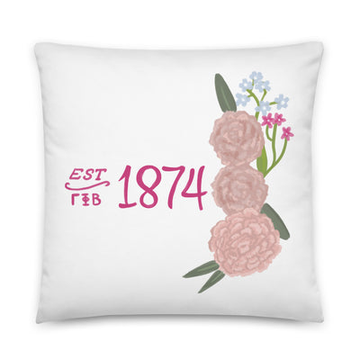 gamma phi beta 1874 sorority pillow in white in 22" x 22" size shown in full view