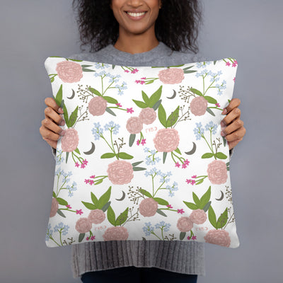 Gamma Phi Beta Sorority Motto Pillow showing G Phi floral print on back