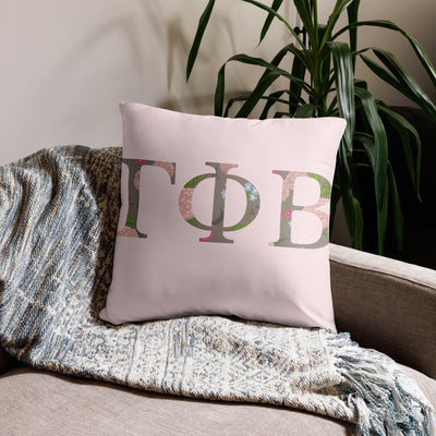 Gamma Phi Beta Greek Letters Pillow on 22" x 22" pink pillow