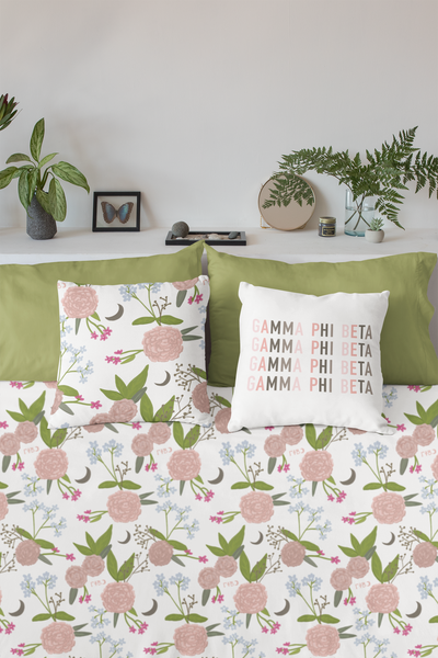 Gamma Phi Beta Floral Duvet Cover shown in close up view with pillows