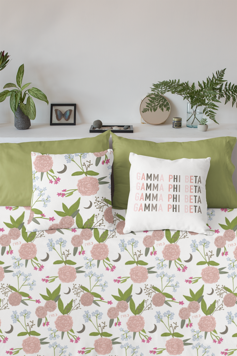 Gamma Phi Beta Floral Duvet Cover shown in close up view with pillows