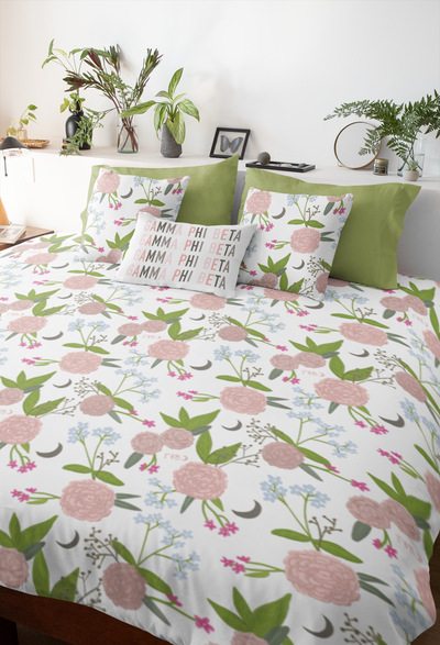 Gamma Phi Beta Floral Duvet Cover shown in bedroom setting