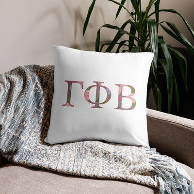 Gamma Phi Beta Filled Letters Pillow in white in 22" x 22" size shown on couch