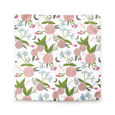 Gamma Phi Beta queen sized duvet cover showing carnation and crescent floral pattern in white