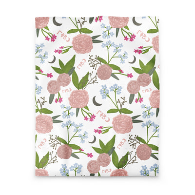 Gamma Phi Beta twin duvet cover showing carnation and crescent floral pattern in white