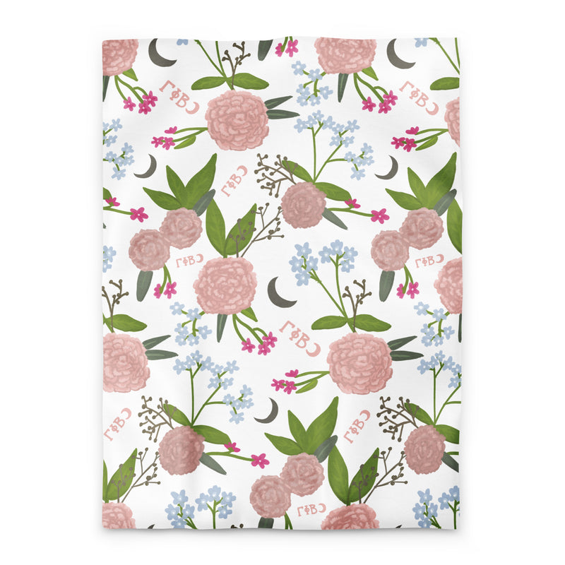 Gamma Phi Beta twin XL duvet cover showing carnation and crescent floral pattern in white