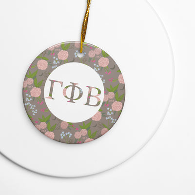 Gamma Phi Beta Ceramic Holiday Ornament shown on white background