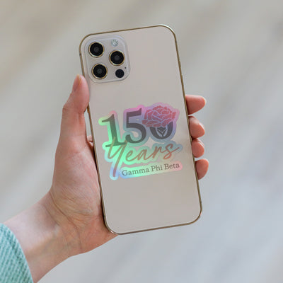 Gamma Phi Beta 150th Anniversary Holographic Sticker shown on phone case