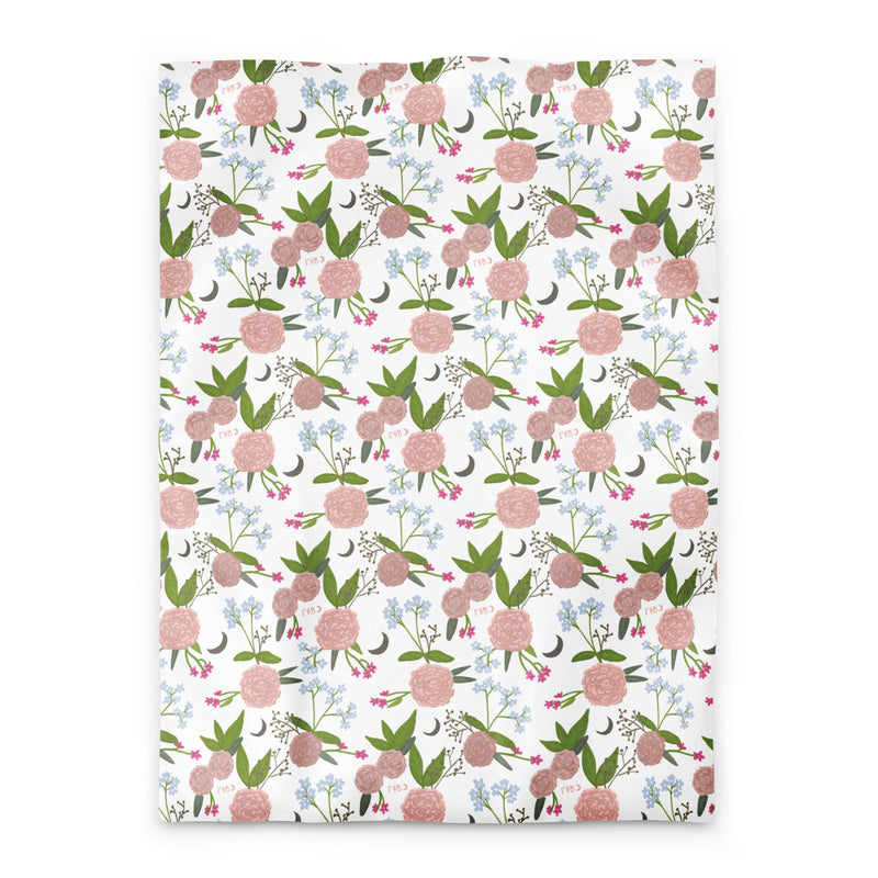 Gamma Phi Beta Floral Duvet Cover with pink carnation print in Twin XL size