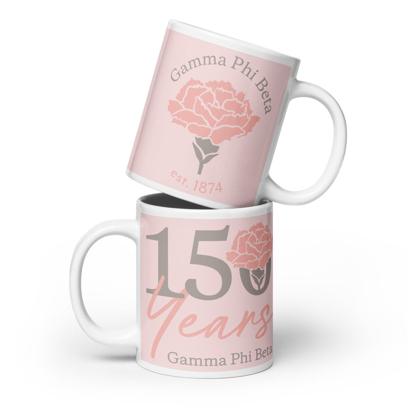 Gamma Phi Beta 150th Anniversary Light Pink Mug in 20 oz size stacked