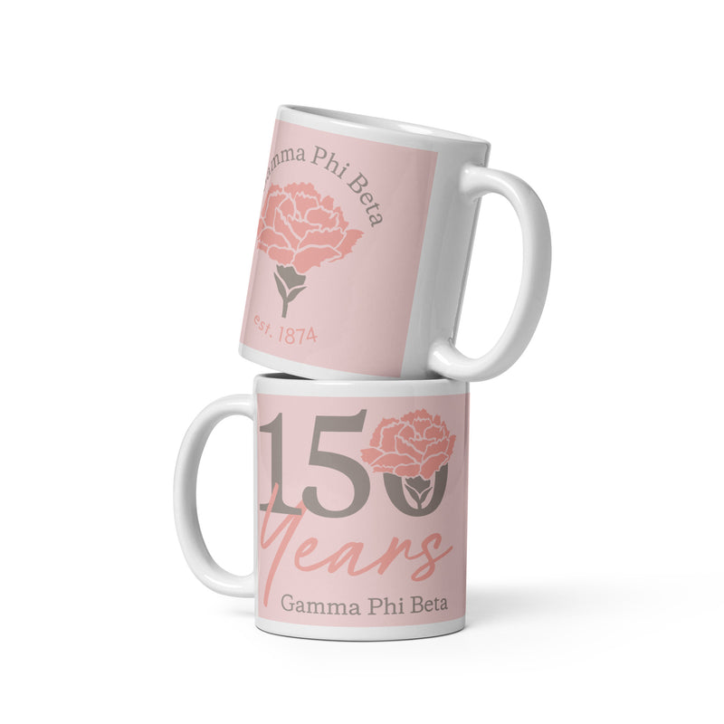 Gamma Phi Beta 150th Anniversary Light Pink Mug shown stacked