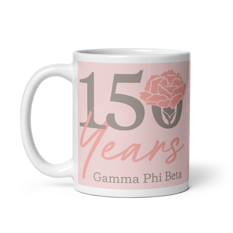Gamma Phi Beta 150th Anniversary Light Pink Mug showing 150 Years design