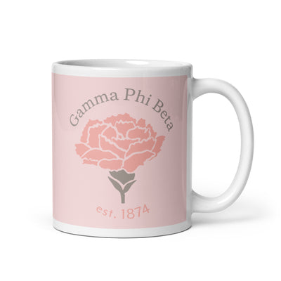 Gamma Phi Beta 150th Anniversary Light Pink Mug showing est 1874 design