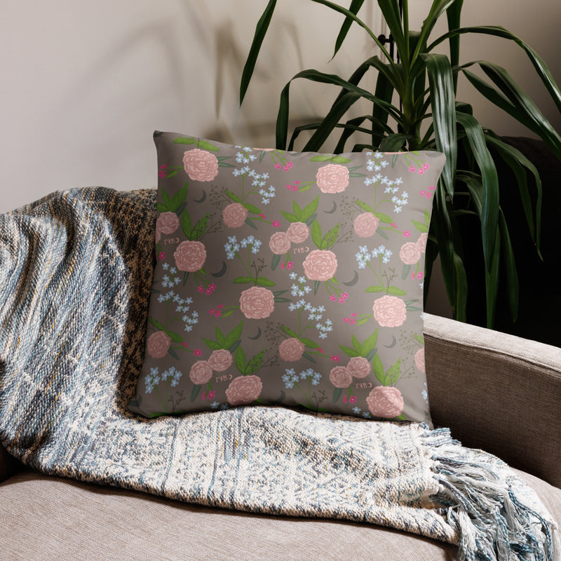Gamma Phi Beta Sorority Motto Pillow in 22" x 22" size showing carnation floral print