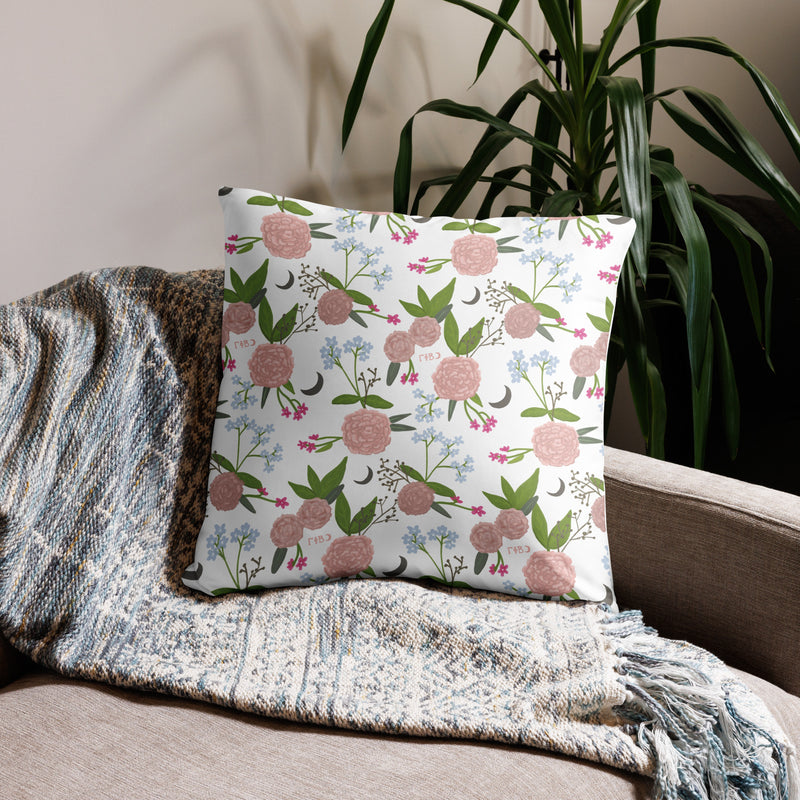 gamma phi beta 1874 sorority pillow in 22" x 22" size in white shown on couch