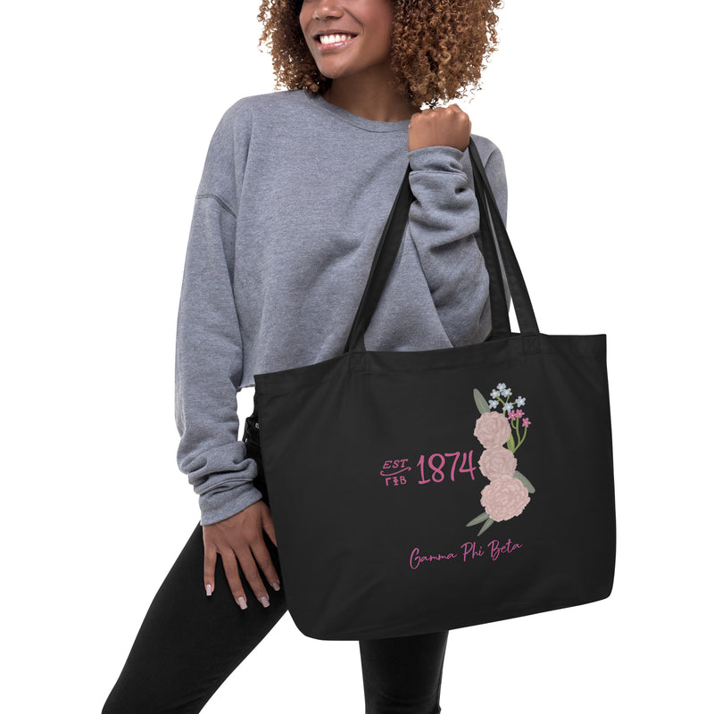 Gamma Phi Beta Sorority Tote Bag shown in black with 1874 design on model&