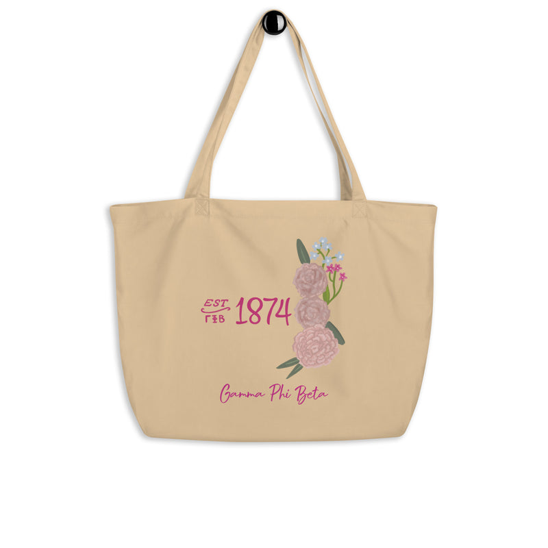 Gamma Phi Beta Sorority Tote Bag shown with 1874 design on a hook