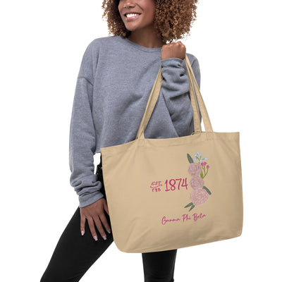 Gamma Phi Beta Sorority Tote Bag shown on model's arm in natural oyster color