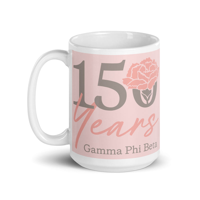 Gamma Phi Beta 150th Anniversary Mug in 15 oz size showing 150 years design