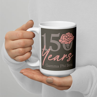 Gamma Phi Beta 150th Anniversary Mug in 15 oz size shown in model's hands