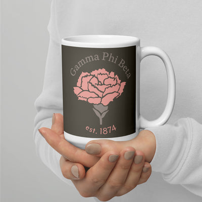 Gamma Phi Beta 150th Anniversary Mug in 15 oz size in brownstone in model's hands