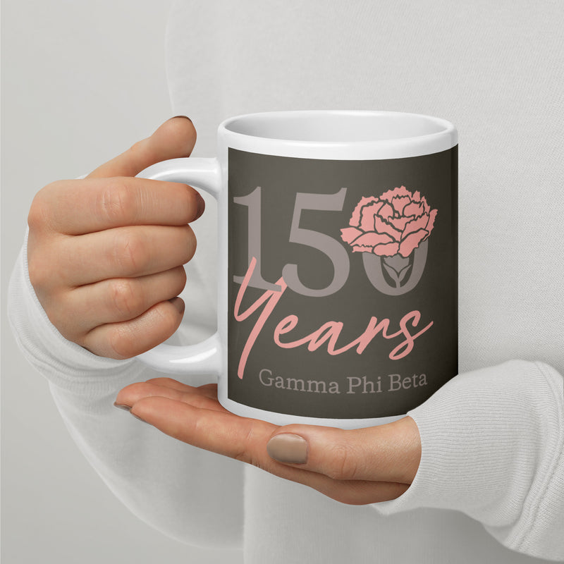 Gamma Phi Beta 150th Anniversary Mug in 20 oz size in brownstone in model&