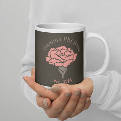 Gamma Phi Beta 150th Anniversary Mug in 20 oz size in brownstone in model's hands