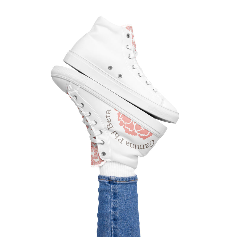 Gamma Phi Beta 150th Anniversary High Tops shown stacked in white on model