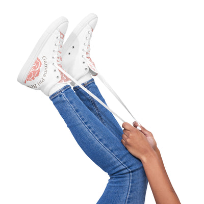 Gamma Phi Beta 150th Anniversary High Tops in White on model's feet