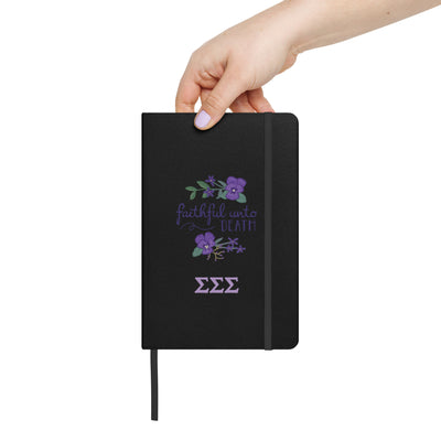 Tri Sigma Faithful Hardcover Journal in black in model's hands