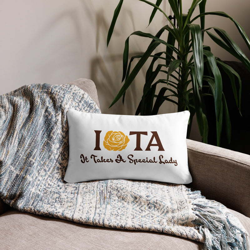 Back of Iota Sweethearts Special Lady Pillow in 20" x 12" lumbar pillow size in lifestyle setting