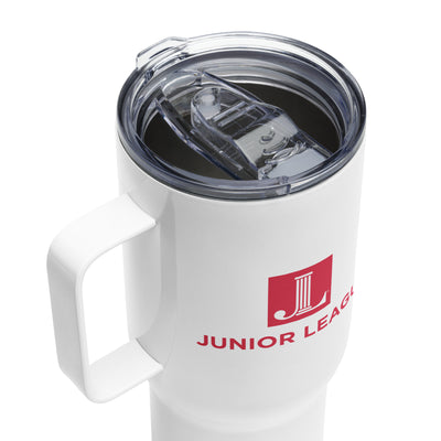 Junior League Logo Stainless Steel Travel Mug showing BPA free plastic lid