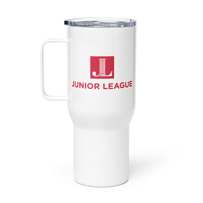 Junior League Script Stainless Steel Travel Mug showing reverse side of mug