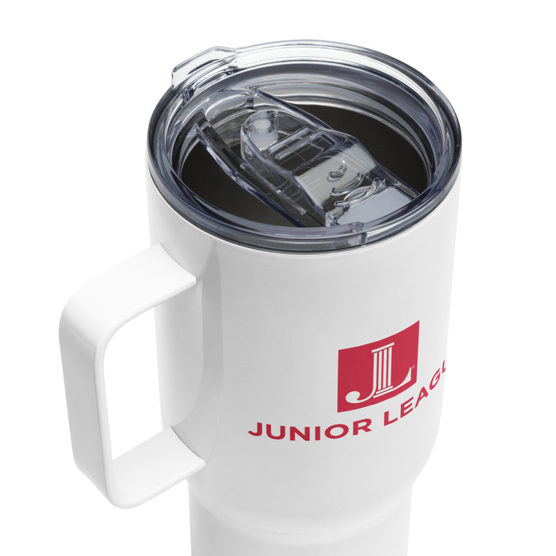 Junior League Script Stainless Steel Travel Mug showing BPA free plastic lid