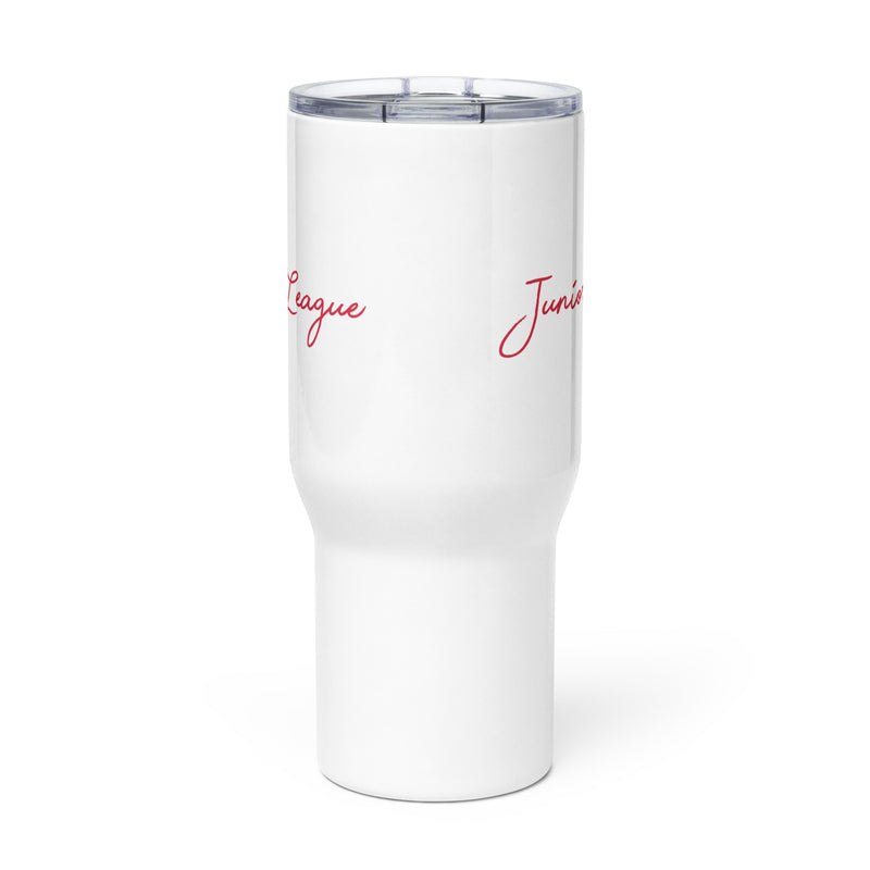 Junior League Insulated Travel Mug with Script Design showing design on both sides