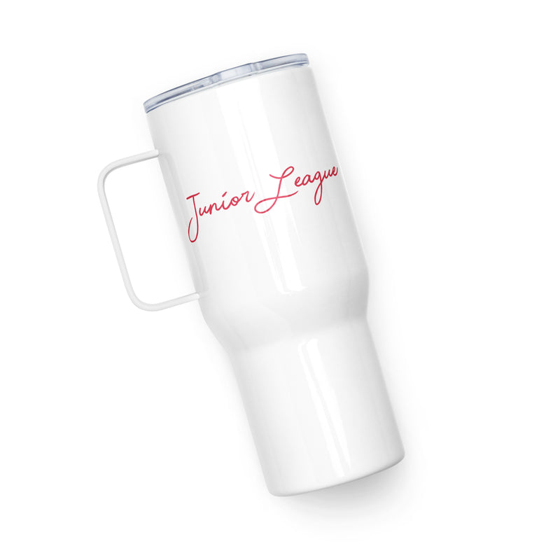 Junior League Insulated Travel Mug with Script Design showing reverse side