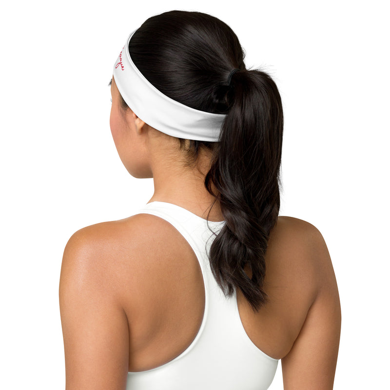 Junior League Script Headband in red and white shown back of model&