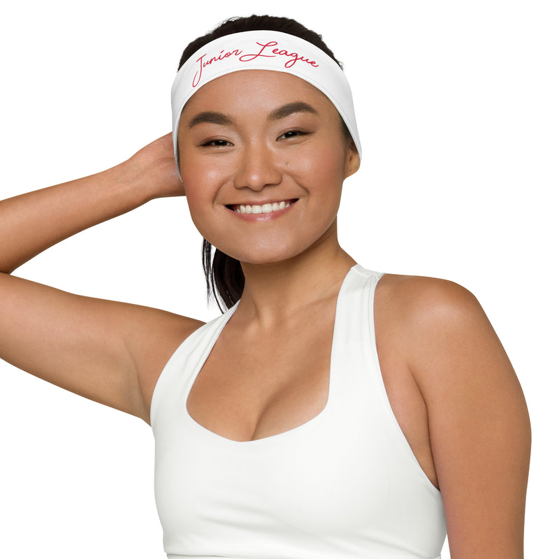 Junior League Script Headband in red and white shown on model
