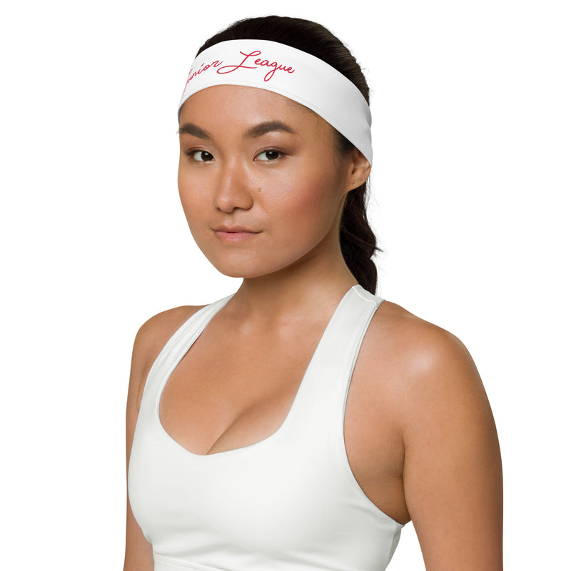 Junior League Script Headband in red and white shown in side view on model&