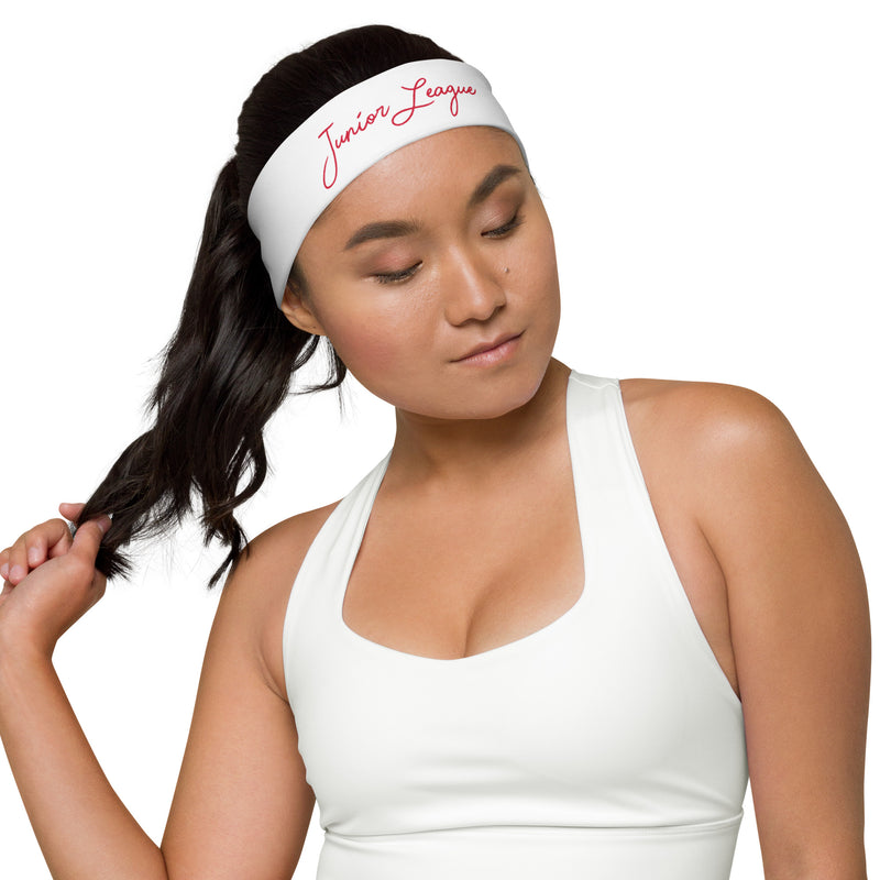 Junior League Script Headband in red and white shown on model&