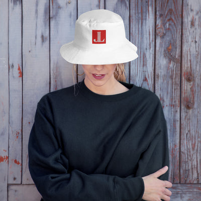 Junior League Logo Bucket Hat in white with logo shown on model's head