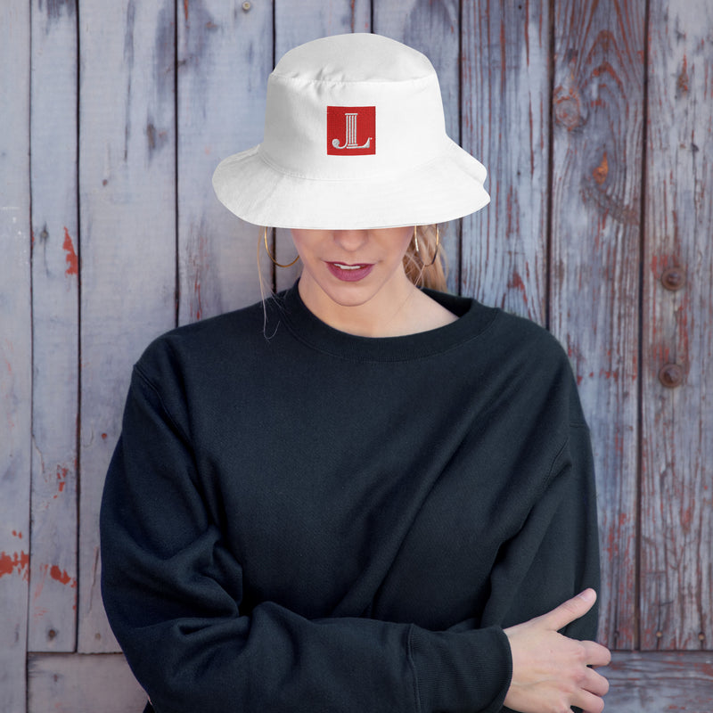 Junior League Logo Bucket Hat in white with logo shown on model&