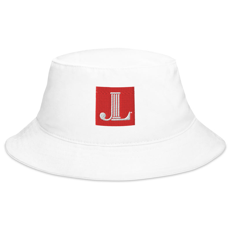 Junior League Logo Bucket Hat in white shown in full view with embroidered logo