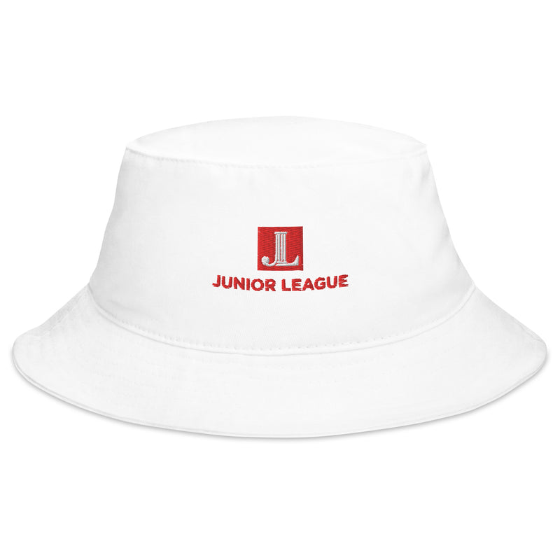 Junior League Logo Embroidered Bucket Hat in white shown in full front view