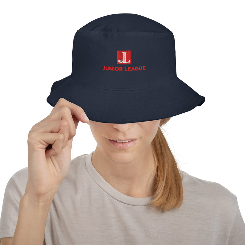 Junior League Logo Embroidered Bucket Hat in Navy blue shown on model&