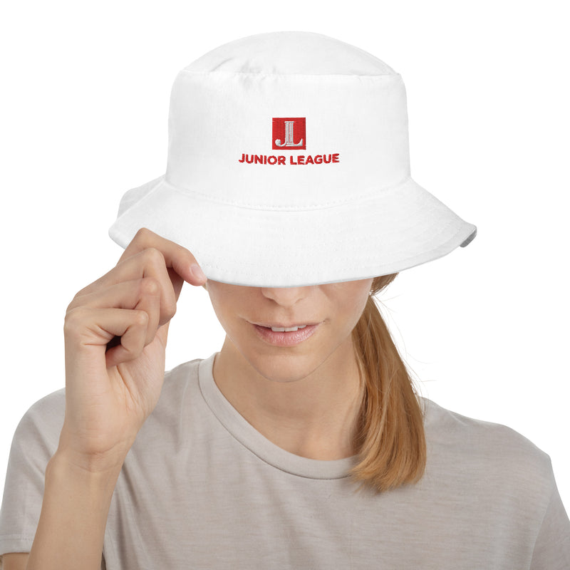 Junior League Logo Embroidered Bucket Hat in white shown on model&