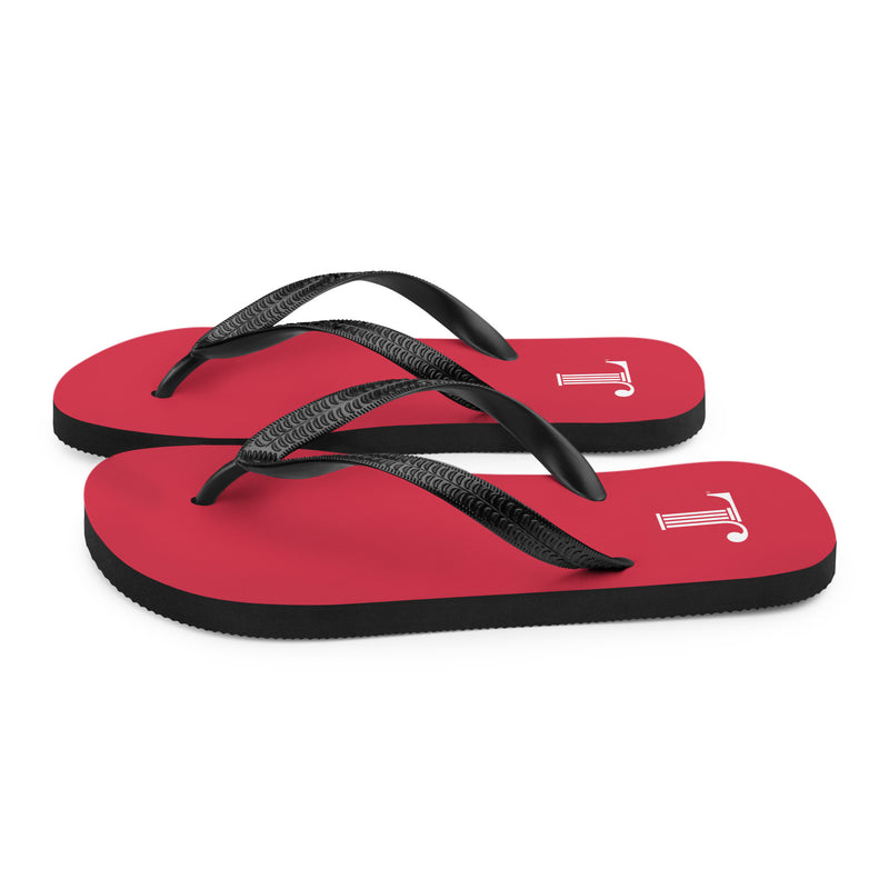 Junior League Logo Red Flip-Flops showing left side of sandals