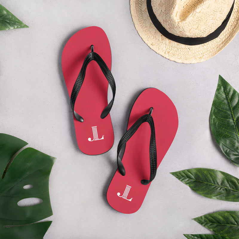 Junior League Logo Red Flip-Flops shown in lifestyle setting
