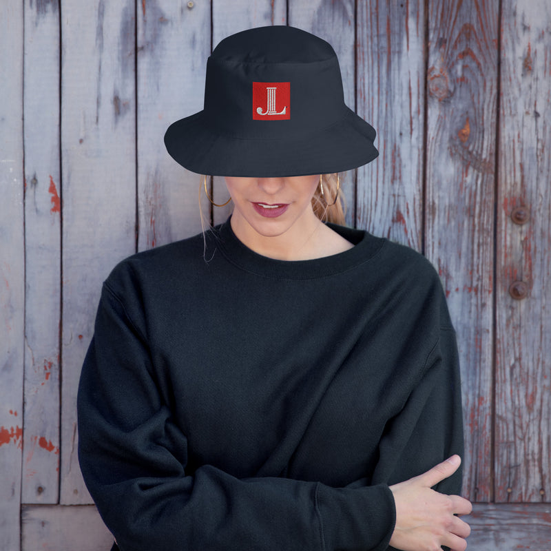 Junior League Logo Bucket Hat in Navy blue with red and white Junior league logo