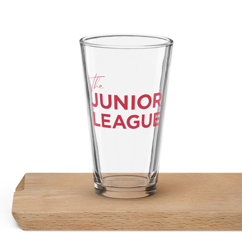 Junior League Shaker 16 oz Pint glass on wood shelf